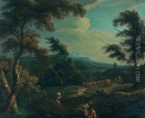 Landscape And Figures. Oil Painting - Thomas Gainsborough