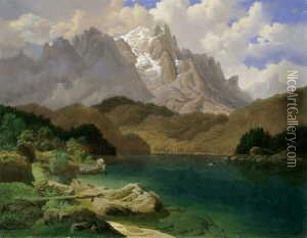 Der Hintersee Im Berchtesgadener Land. Oil Painting - Johann Gottfried Steffan