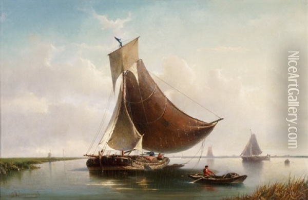 Beim Abladen Eines Segelschiffes Oil Painting - Eduard Charles Louis Kalshoven