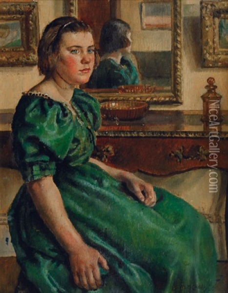 Girl In A Green Gown Oil Painting - Nora Lucy Mowbray Cundell