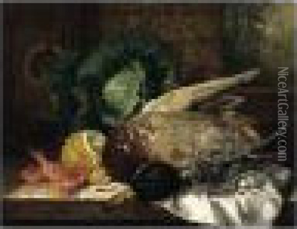 Still Life With Duck, Glass, Cabbage, Lemon And Prawns Oil Painting - Edward Ladell
