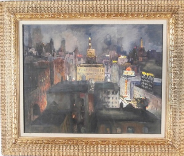 Capitol Theatre (looking South From 34th Floor From Park Central Hotel, 56th Street & 7th Ave, New York) Oil Painting - Frank S. Herrmann