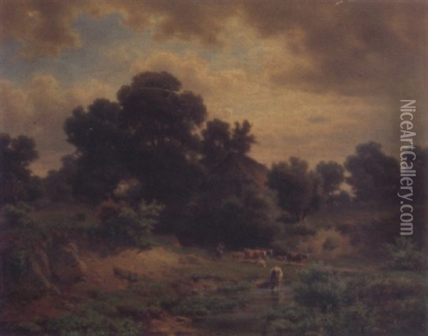 Landschaft Mit Viehherde An Einer Furt Oil Painting - Heinrich Hofer
