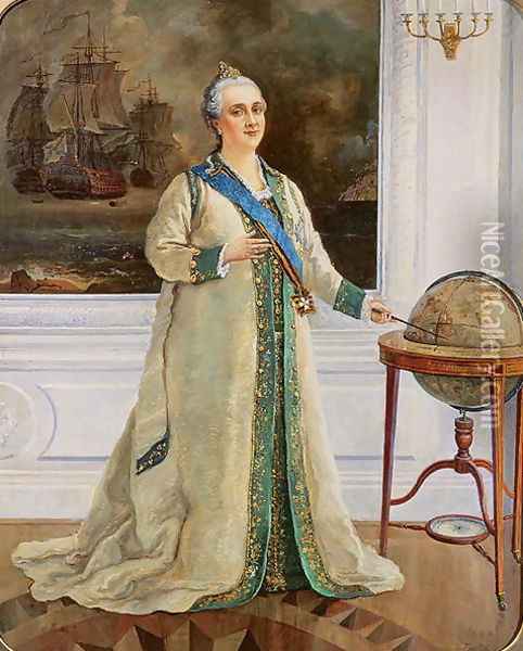 Empress Catherine II 1729-96 in naval full dress, 1898 Oil Painting - Sergei Varlenovich Pen