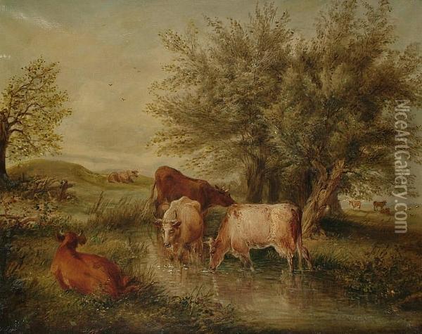 Cattle Watering Oil Painting - Edwin Frederick Holt