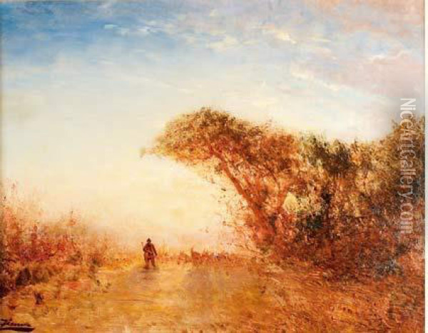 Berger Et Troupeau Dans Un Paysage, Circa 1870 Oil Painting - Felix Ziem