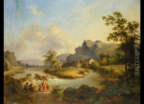 Flusslandschaft Mit Personen Oil Painting - Johann Philipp Heinel