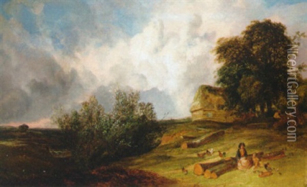 Figures Before A Barn With An Approaching Storm Beyond Oil Painting - Joseph William Allen