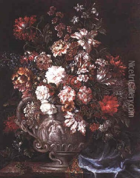 A Still Life Of Tulips, Roses, Convolvulus, Poppies, Liac And Other Flowers In An Ornamental Stone Urn With A Blue Cloth On A Marble Ledge Oil Painting - Pieter Casteels III