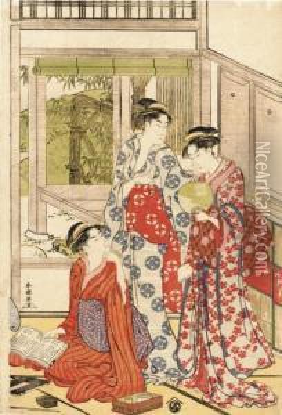 A Sheet From A Triptych Depicting A Girl Kneeling On The Floor Holding A Book In Her Hand While Two Others Stand Behind Her, One Of Whom Holds A Fan, Signed Oil Painting - Yushido Shuncho