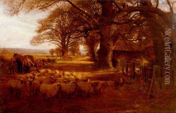 Shepherd And Flock On Sunlit Road Lined With Oaks Oil Painting - John Pedder