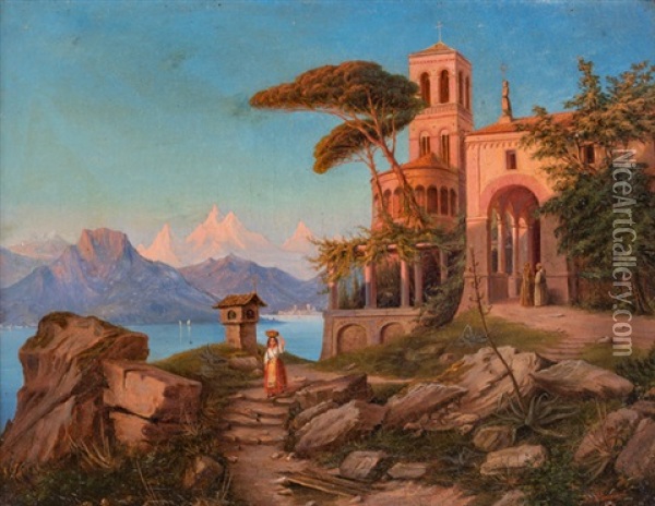Klosteranlage An Einem Oberitalienischen See Im Abendlicht Oil Painting - Albert von Parpart