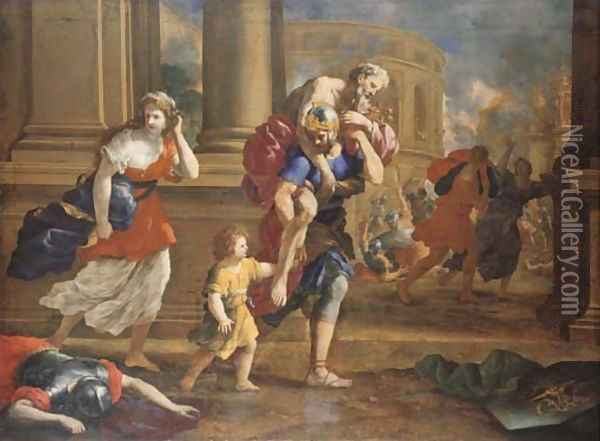 The Flight of Aeneas and his Family from the Sack of Troy Oil Painting - Giovanni Francesco Romanelli