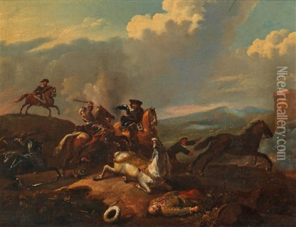 A Cavalry Engagement Oil Painting - Alexander Van Gaelen