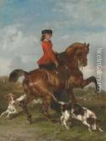 An Elegant Young Lady Out Hunting With Hounds Oil Painting - John Lewis Brown