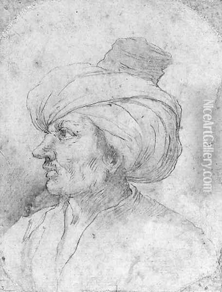 Head of a man in a turban in profile to the left Oil Painting - Neapolitan School