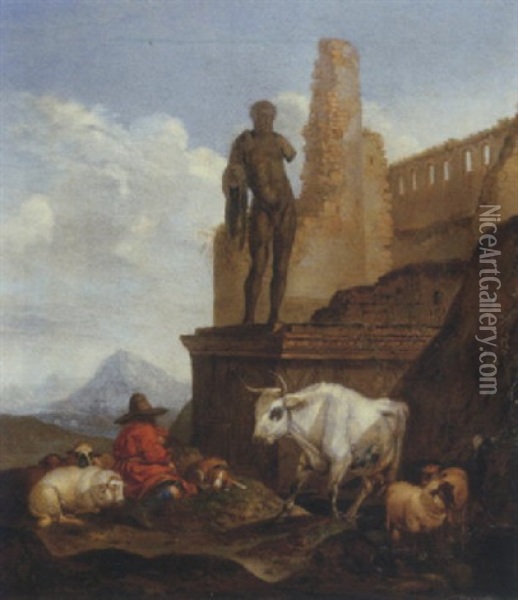 An Italianate Landscape With A Shepherd Resting With Cattle Oil Painting - Theodor Roos