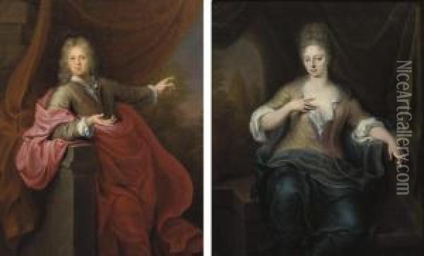 Portrait Of A Gentleman, Three-quarter-length, In A Gold Embroidered Grey Costume And Pink Wrap; And Portrait Of A Lady, Three-quarter-length, In A Yellow Dress And Blue Wrap Oil Painting - Gerard Wigmana