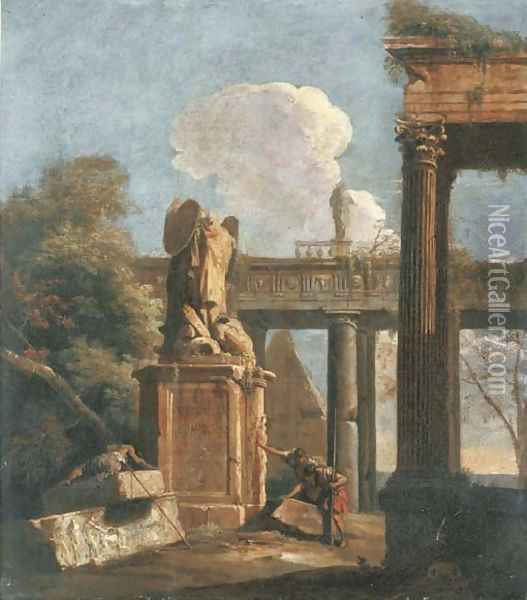 A capriccio of Roman ruins with soldiers beside the Statue of Marius Oil Painting - Marco Ricci