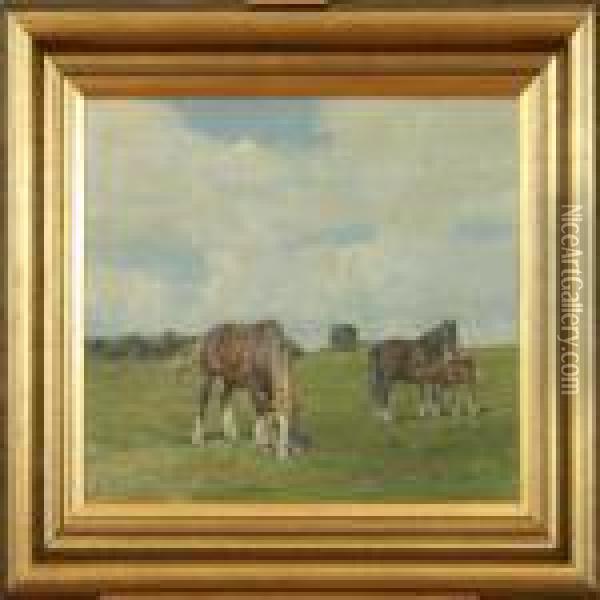 Horses At The Field A Summerday Oil Painting - Harald Kjaer