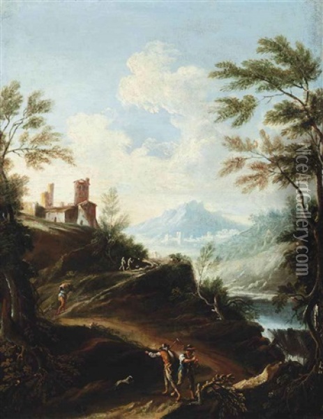 A Wooded River Landscape With Peasants On A Track, A Villa Beyond Oil Painting - Marco Ricci