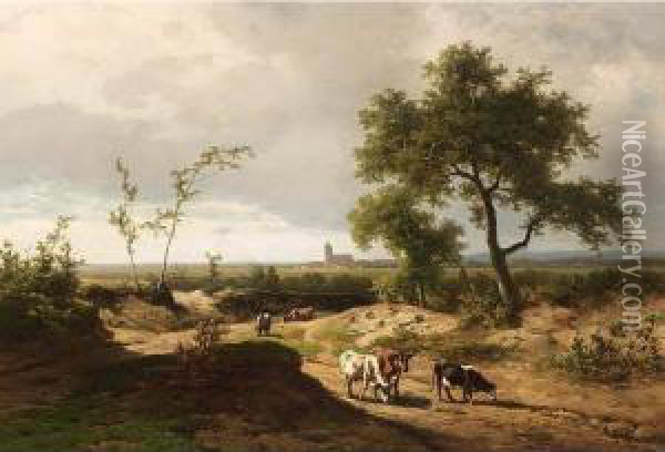 A Summer Landscape With Cows In A Hilly Landscape Oil Painting - Alexander Joseph Daiwaille
