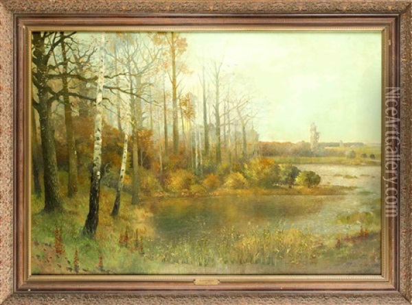 Grose Landschaft Mit Birkenbestandenem Weiher Und Zwei Jagern Bei Sonnenaufgang Oil Painting - Rudolf Vent