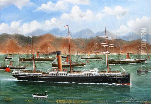 S.s. Waiwera Leaving Wellington For The Cape With The N.z Contingent 24 October 1899. Escorting Steamers Returning To Port Oil Painting - Frank Barnes