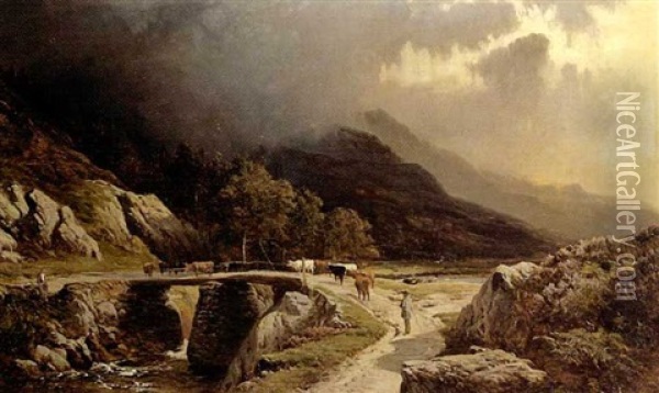 The Old Pine Bridge At Beddgelert, North Wales Oil Painting - Sidney Richard Percy