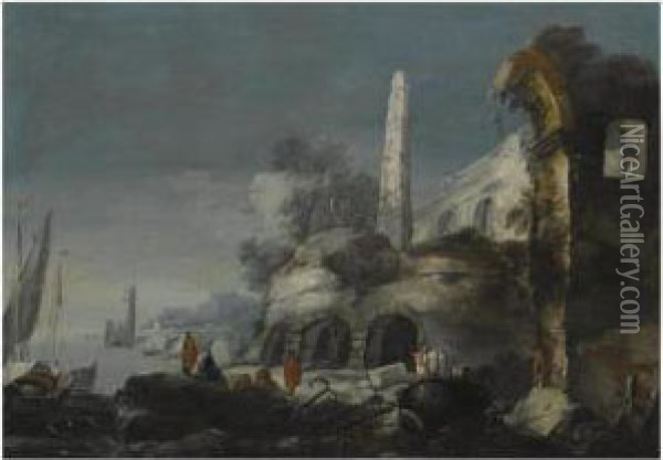A Capriccio Coastal Scene With Figures By Ruins In The Foreground Oil Painting - Antonio, Tonino Stom