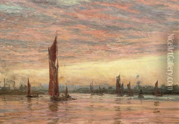 Thames's Barges At Sunset Oil Painting - William Lionel Wyllie