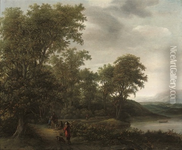 A Wooded River Landscape Oil Painting - Cornelis Hendriksz Vroom