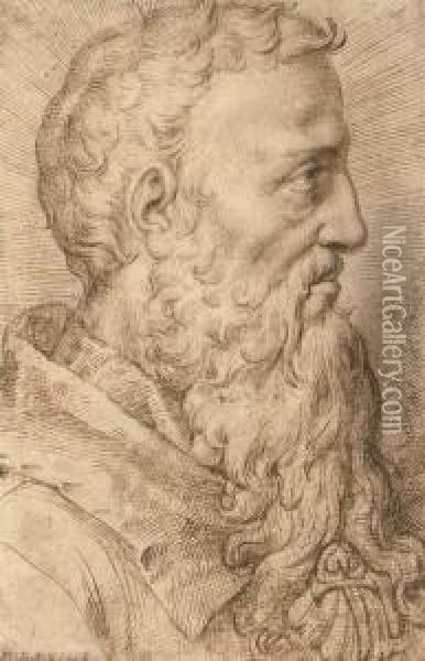 Portrait Of Baccio Bandinelli (1493-1560), In Profile To Theright Oil Painting - Bartolomeo Passarotti