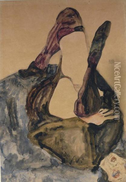 Frau Mit Erhobenem Bein Und Lila Strumpfen Oil Painting - Egon Schiele