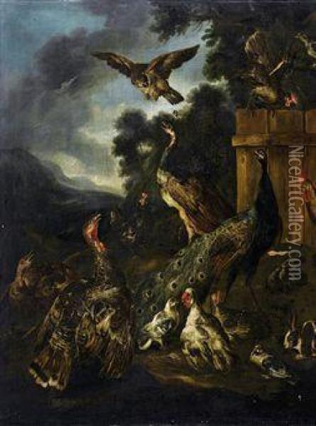 Rapaci E Animali Da Cortile Su Sfondo Di Paesaggio Oil Painting - Angelo Maria Crivelli, Il Crivellone