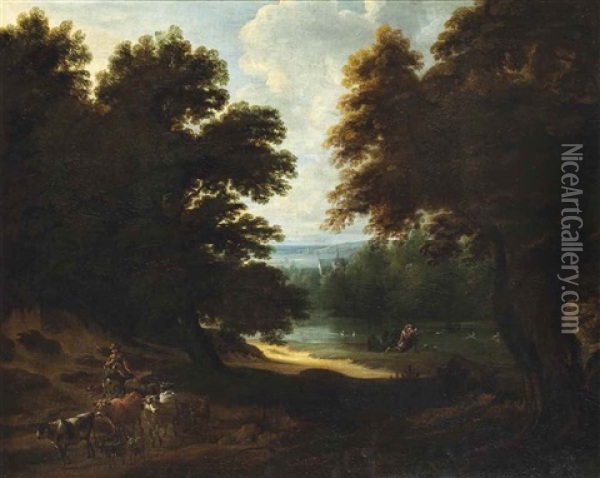 A Wooded River Landscape With A Drover And His Herd On A Track, And A Huntsman Shooting Ducks Oil Painting - Jacques d' Arthois