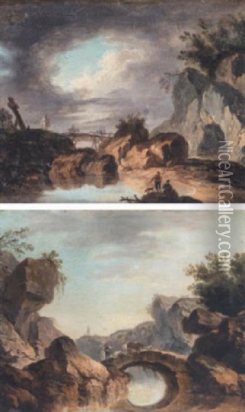 A River Landscape With Cattle Being Driven Over A Bridge Oil Painting - Jean Baptiste Pillement