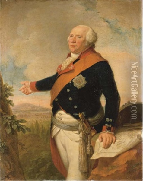 Portrait Of King Frederick William Ii Of Prussia, In Uniform With The Sash And Star Of The Prussian Order Of The Black Eagle, His Left Hand Resting On A Map Of Frankfurt, A Landscape Beyond Oil Painting - Johann Christoph Frisch