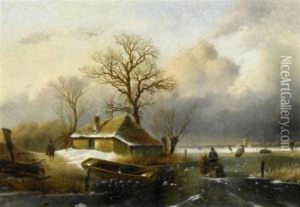 Winter Landscape With Skaters On A Frozen River. Oil Painting - Cornelis Petrus 't Hoen