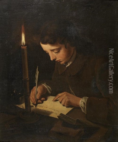 A Boy Writing A Letter By Candlelight Oil Painting - Henry Robert Morland