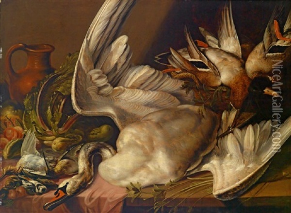 Stillleben Mit Schwan, Enten, Fruchten Und Gemuse Oil Painting - Balthasar Huys