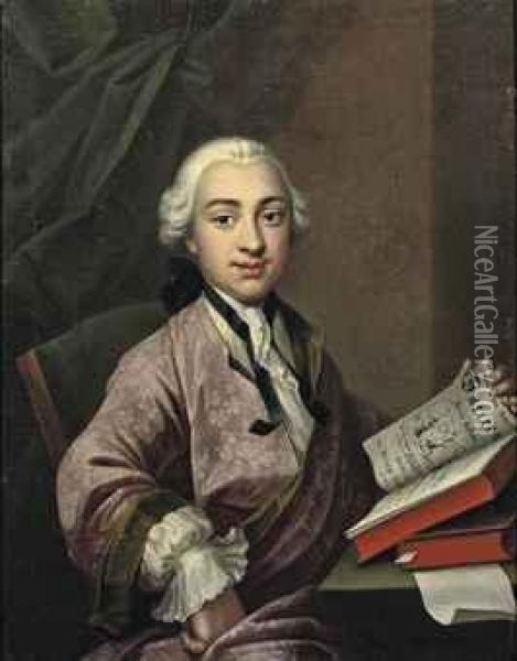 Portrait Of A Young Man, Three-quarter-length, In An Embroideredpink And Green Robe And A Lace Cravat, Holding A Volumn Ofraberner's Satires. Oil Painting - Johann Georg Ziesenis