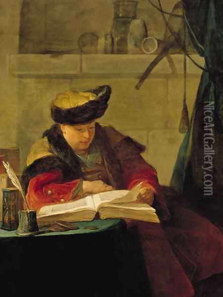A Chemist in his Laboratory, or The Prompter, or A Philosopher giving a Lecture (Portrait of the painter Joseph Aved (1702-66), 1734 Oil Painting - Jean-Baptiste-Simeon Chardin