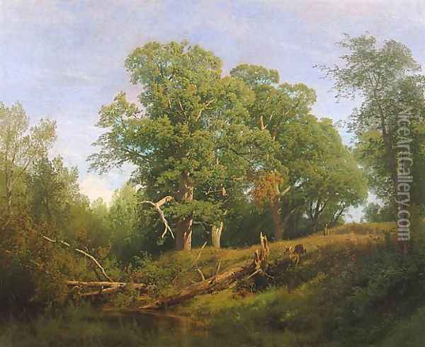 Deer in a Wooded Landscape Oil Painting - Herman Herzog