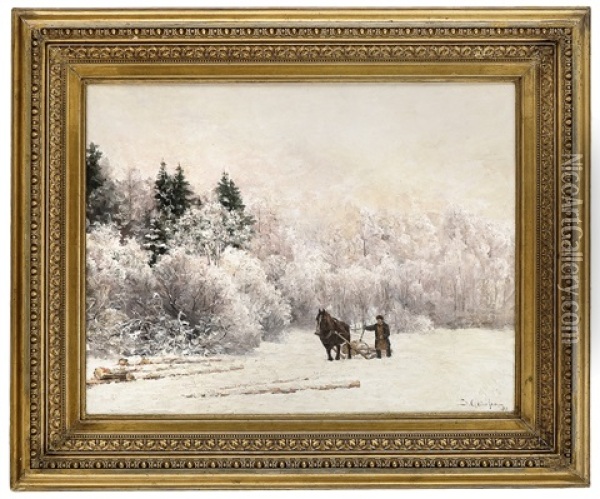 Tommerkjoring I Vinterlandskap Oil Painting - Jacob Gloersen