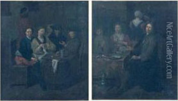 Deux Fumeurs Assis Avec Une Femme Dans Un Interieur. Oil Painting - Jan Baptist Lambrechts
