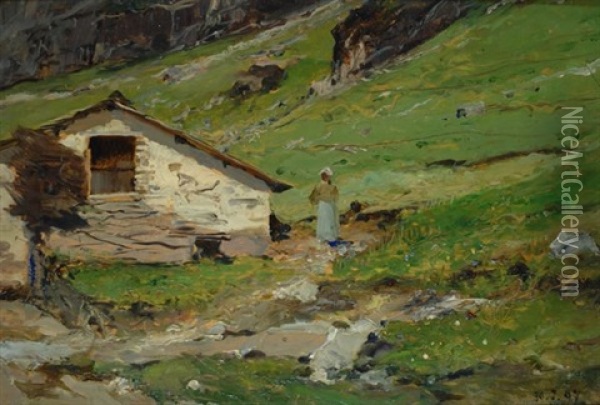 Casolare In Montagna Oil Painting - Lorenzo Delleani