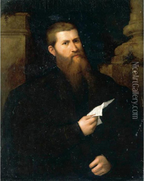 A Portrait Of A Bearded Gentleman, Half Length, Reading A Letter Oil Painting - Paris Bordone