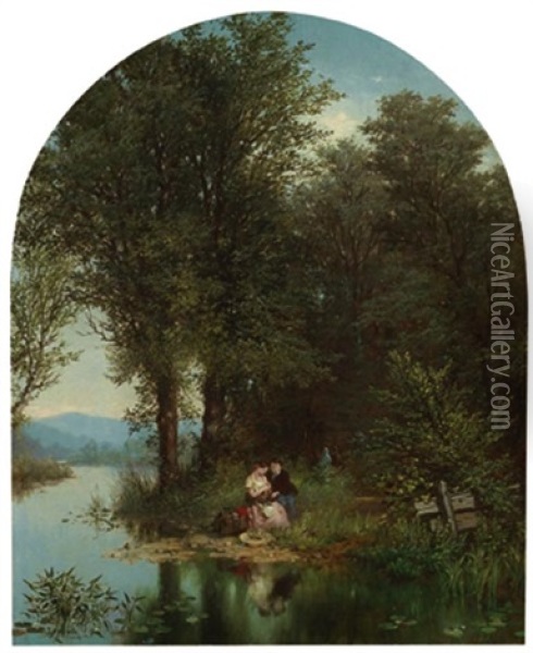 Hidden Romance (+ Gathering Wood, Oil On Canvasboard; Pair) Oil Painting - Albert Fitch Bellows