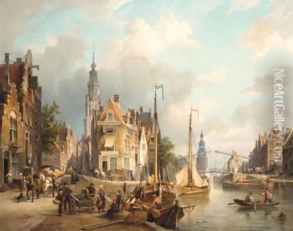 A View Of The Oudeschans With The Zuiderkerk And The Montelbaanstoren In The Distance, Amsterdam Oil Painting - Cornelis Christiaan Dommelshuizen